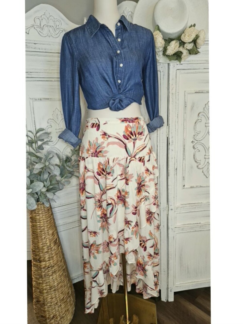 En Creme Beig Floral Ruffle Asymmetrical Hiigh-low Faux Wrap Maxi Skirt